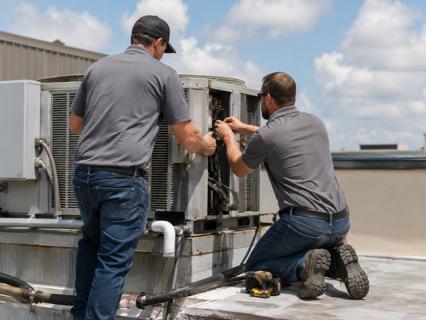 Example HVAC technicians installing an air conditioning unit